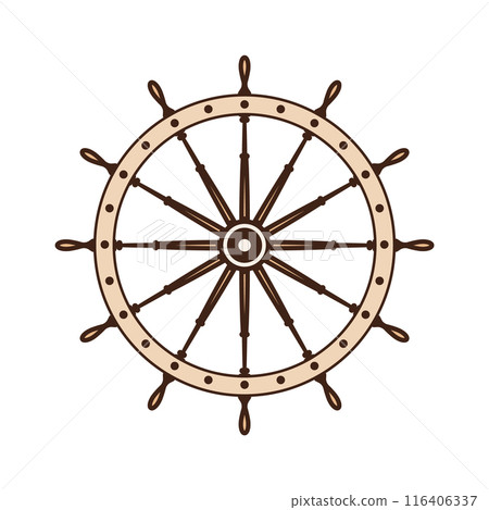 Wooden vintage steering wheels. Ship, sailboat or yacht retro wheel symbol. Nautical rudder icon. Marine logotype design element. Vector illustration Wooden vintage steering wheels. Ship, sailboat or yacht retro wheel symbol. Nautical rudder icon. Marine logotype design element. Vector illustration 116406337