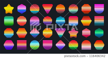 Vintage sunset collection. Various colorful striped sunrise badges in 80s and 90s style. Sun and ocean view, summer vibes, surfing. Design element for print, logo or t-shirt. Vector illustration Vintage sunset collection. Various colorful striped sunrise badges in 80s and 90s style. Sun and ocean view, summer vibes, surfing. Design element for print, logo or t-shirt. Vector illustration 116406342