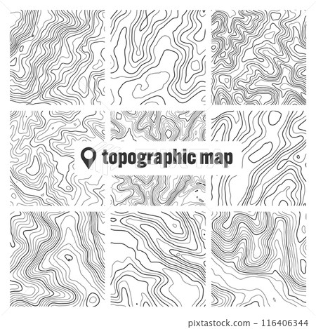 Topographic map with contour lines. Geographic terrain grid, relief height elevation. Ground path pattern. Travel and navigation, cartography design element. Vector illustration Topographic map with contour lines. Geographic terrain grid, relief height elevation. Ground path pattern. Travel and navigation, cartography design element. Vector illustration 116406344