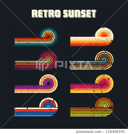 Grunge horizontal vintage sunsets. Various colorful striped sunrise badges in 80s and 90s style. Sun and ocean view, summer vibes, surfing. Design element, print, logo or t-shirt. Vector illustration 116406345