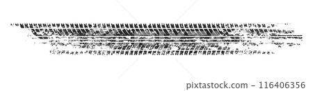 Grunge tire track, wheel braking marks. Truck, car or motorcycle tread pattern silhouette. Auto race, motorsport, speed racing design element. Vector illustration 116406356