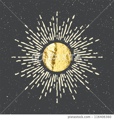 Vintage grunge sunburst sunset beams. Gold foil, shiny handmade circles. Golden glittering texture, pattern. Hand drawn bursting sun, light rays. Logotype, lettering, retro style. Vector illustration 116406360