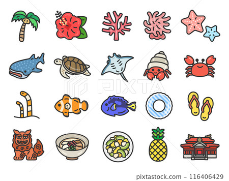 Illustrations of various Okinawa icons (line drawings and color) Illustrations of various Okinawa icons (line drawings and color) 116406429