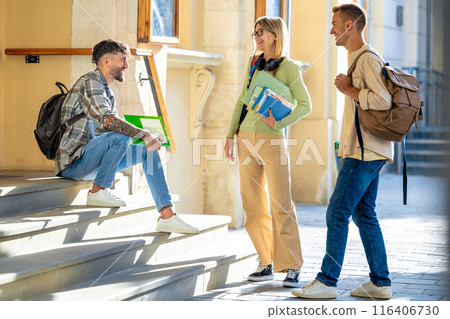 Happy young woman collaborating with her classmates after classes 116406730