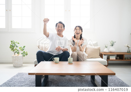 A couple doing a fist pump while watching sports or fun TV 116407019