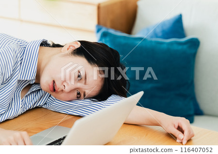 Young woman using a computer in the living room Young woman using a computer in the living room 116407052