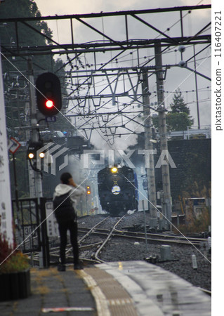 一輛蒸汽機車噴著蒸氣向我們駛來。鐵道迷跑到月台盡頭迎接他們。 一輛蒸汽機車噴著蒸氣向我們駛來。鐵道迷跑到月台盡頭迎接他們。 116407221