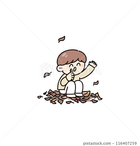 Illustration of kids playing with fallen leaves and acorns 116407259