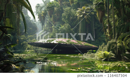 Wreck of alien spacecraft in tropical forest, lost broken spaceship, fallen ufo in jungle. Theme of crash, space, ship, fantasy, accident 116407304