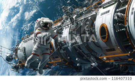 Astronaut floats outside space station or spaceship, man in spacesuit near spacecraft on Earth background. Concept of technology, science, exploration and future 116407310
