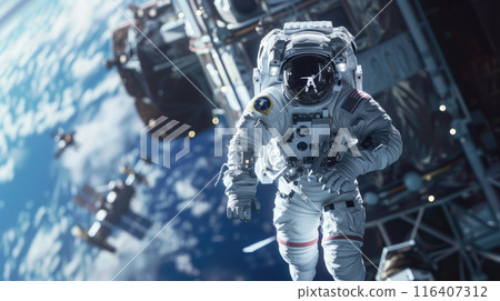 Astronaut in zero gravity against Earth, spaceman floating near space station. Theme of science, technology, spaceship, spacecraft, people 116407312