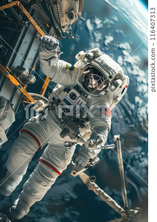 Astronaut working in zero gravity against Earth, spaceman floating outside space station, vertical view. Theme of science, spaceship, spacecraft, mission, people 116407313