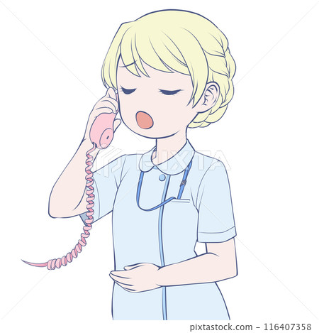 Blonde female nurse talking on the phone, astonished Blonde female nurse talking on the phone, astonished 116407358