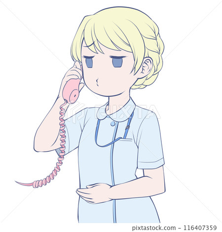 A blonde female nurse talking on the phone, pouting A blonde female nurse talking on the phone, pouting 116407359