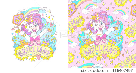 Birthday unicorn illustration and seamless pattern vector Birthday unicorn illustration and seamless pattern vector 116407497