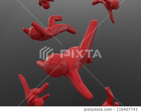 Falling red people icon, black background, horizontal, 3D illustration 116407743