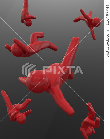 Falling red people icon, black background, vertical, 3D illustration Falling red people icon, black background, vertical, 3D illustration 116407744