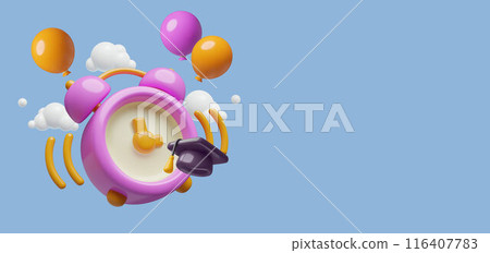 Back to school 3D vector background with alarm clock student cap holiday balloons and copy space  116407783