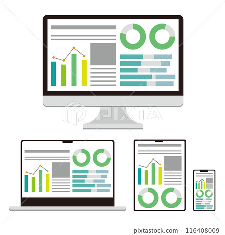 顯示圖形材料的電腦顯示器和數位設備的插圖集 116408009