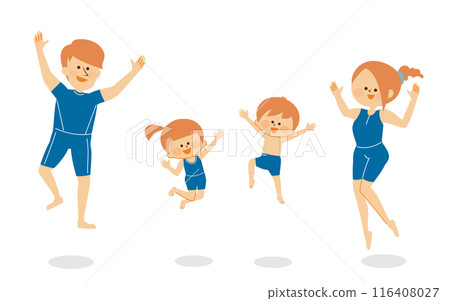 Illustration of a two-generation family jumping in swimsuits 116408027