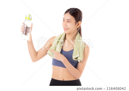 Fit young asian woman taking a break from workout holding clear water bottle. 116408042