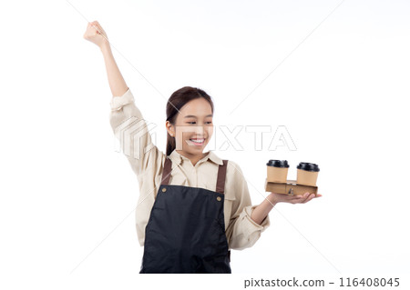 Portrait young asian woman barista holding a takeaway coffee cup with excited isolated. 116408045