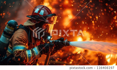 Firemen using fire hose to extinguish a fire Inside burning building. Generative AI 116408197