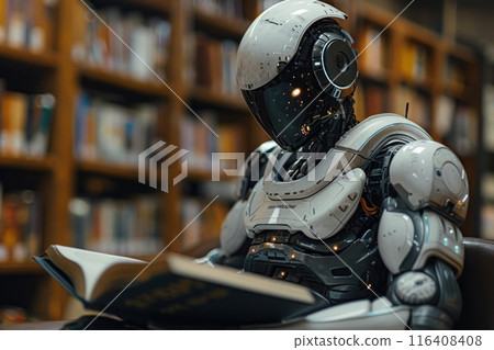 AI learning concept, robot reading book in library background. Generative AI 116408408