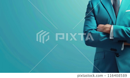 Businessman confidently crossing his arms on blue background. Generative AI 116408589