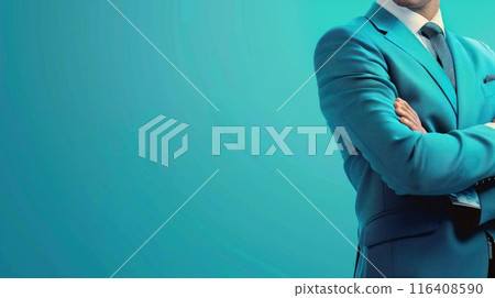 Businessman confidently crossing his arms on blue background. Generative AI 116408590