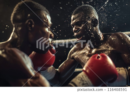 Two man boxers fighting in a boxing ring. Generative AI 116408591