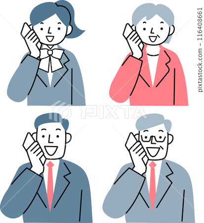 穿著西裝微笑的男人和女人在智慧型手機上交談 穿著西裝微笑的男人和女人在智慧型手機上交談 116408661