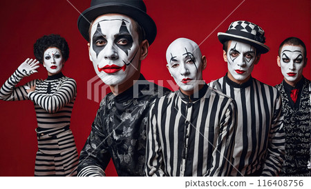 A group of mimes in various black and white costumes and makeup, posing together against a red background with unique expressions. 116408756