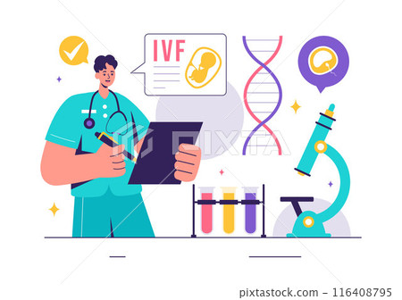 IVF or In Vitro Fertilization Vector Illustration for Artificial Insemination, Focusing on Pregnancy and Doctors' Research of Fertilized Eggs 116408795