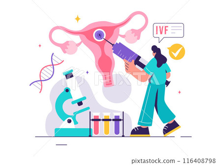 IVF or In Vitro Fertilization Vector Illustration for Artificial Insemination, Focusing on Pregnancy and Doctors' Research of Fertilized Eggs 116408798