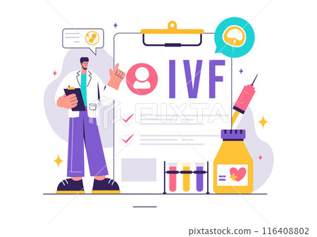 IVF or In Vitro Fertilization Vector Illustration for Artificial Insemination, Focusing on Pregnancy and Doctors' Research of Fertilized Eggs 116408802