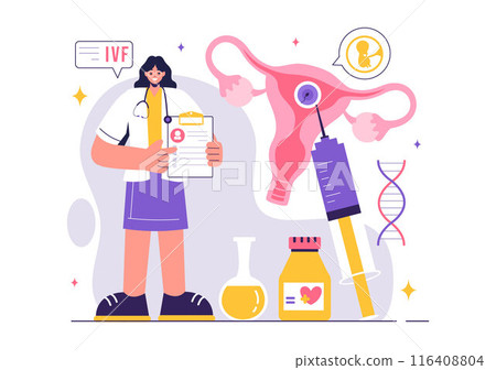 IVF or In Vitro Fertilization Vector Illustration for Artificial Insemination, Focusing on Pregnancy and Doctors' Research of Fertilized Eggs 116408804