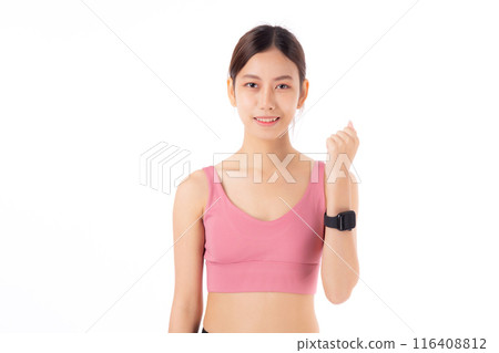 Happy young asian woman looking and show smartwatch for exercise and aerobics. Happy young asian woman looking and show smartwatch for exercise and aerobics. 116408812