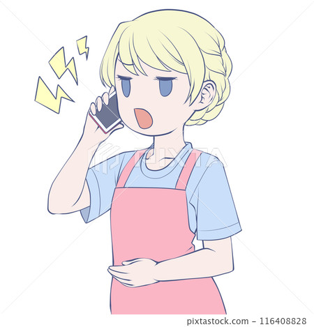 Angry blonde woman in an apron making a phone call on her smartphone Angry blonde woman in an apron making a phone call on her smartphone 116408828