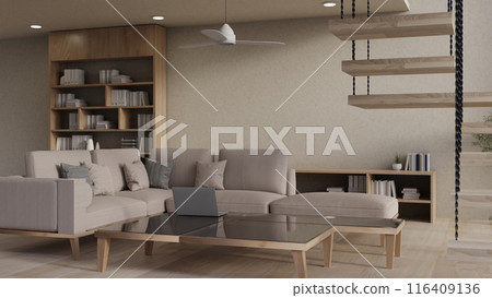 A modern spacious living room features a comfortable couch, a coffee table, and home decor. A modern spacious living room features a comfortable couch, a coffee table, and home decor. 116409136