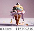 Ice cream in a cone on a pink background. Ice cream melts and drips onto the table.  116409210