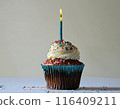 Capcake with burning candle stands on the table. Birthday cake with white cream and colorful sprinkles 116409211