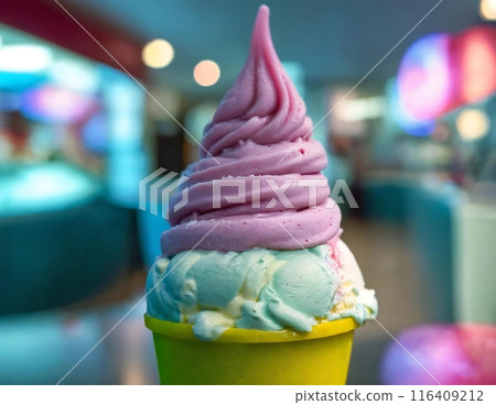 Frozen yogurt in blue and pink color in yellow cup. The background is blurred.   116409212