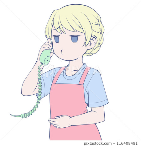 A blonde woman in an apron talking on a phone, pouting A blonde woman in an apron talking on a phone, pouting 116409481