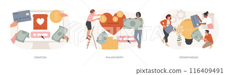 Fundraising isolated concept vector illustration set. 116409491
