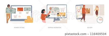 E-commerce website order processing isolated concept vector illustration set. E-commerce website order processing isolated concept vector illustration set. 116409504