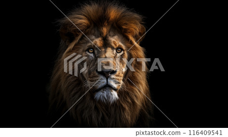 黑色背景莊嚴獅子臉部特寫的肖像式寫實插圖 116409541