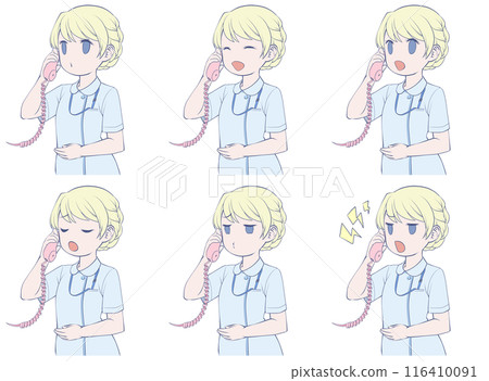 金髮女護士拿著電話說話，一組 6 種不同的面部表情 116410091