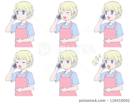 A blonde woman in an apron making a phone call on her smartphone, set of 6 different facial expressions 116410092