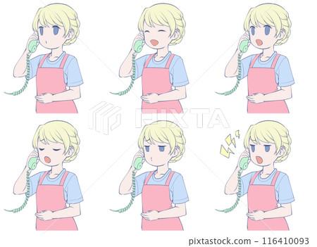 A blonde woman in an apron talking on a phone, set of six different facial expressions 116410093